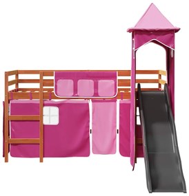 Cama alta para criança com torre 90x190 cm pinho maciço rosa