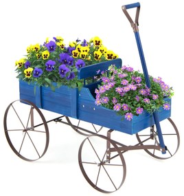 Carrinho floreira de madeira decorativo com rodas e 2 secções para plantas Jardim Pátio 62 x 34 x 60 cm Azul