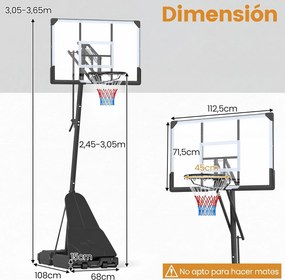 Cesto de Basquetebol Portátil, 107 x 68 x 15 cm, Altura Ajustável, Preto