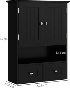 Armário de Parede para Casa de Banho com 2 Portas Prateleira Aberta e 2 Gavetas Estilo Moderno 50,8x17,8x66 cm Preto