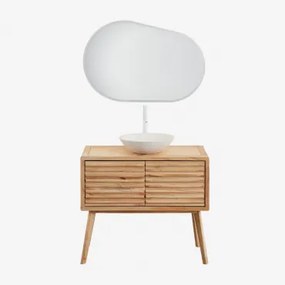 Conjunto De Móvel De Casa De Banho Em Madeira Deleyna Madeira Natural & Cimento Redondo Branco Ø40 Cm Zavion & Oval Led E Anti-embaciamento - Sklum