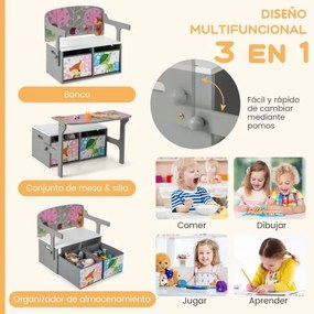 Conjunto de mesa e cadeira para crianças com 2 recipientes de pano amovíveis Mesa para crianças 3 em 1 com banco de actividades convertível Cinzento