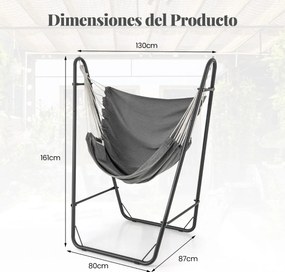 Cadeira de baloiço suspensa com suporte metálico, bolso lateral, capacidade de carga de 120 kg, para interior e exterior, sala, quarto, pátio, cinzent