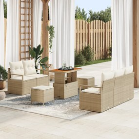Conjunto de Sofás de Jardim com 8 Peças com Almofadas Bege Rattan PE Acácia
