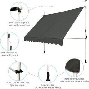 Toldo Exterior 200 x 125 cm Manual Terraço, Varanda Altura Ajustável 2-3 m com Manivela e Resistente às Intempéries Cinzento