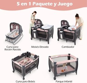 Berço com Centro de atividades 5 em 1 para bebés, parque e mesa para trocar fraldas. Inclui brinquedos suspensos, caixa de música, rodas e cesto. Pret