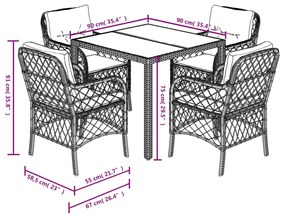 5 pcs conjunto de jantar p/ jardim c/ almofadões vime PE cinza