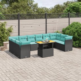 vidaXL 11 pcs conjunto sofás de jardim c/ almofadões vime PE preto