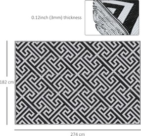 Tapete de Exterior 182x274 cm Tapete Reversível com Desenho Geométrico Impermeável para Varanda Campismo Praia Branco e Preto