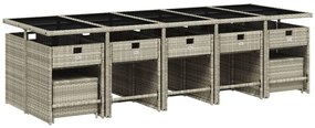 15 pcs conj. jantar jardim c/ almofadões vime PE cinzento-claro
