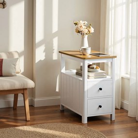 Mesa de apoio, mesa de cabeçeira estreita 60 x 35 x 60 cm com régua de tomadas, 2 gavetas castanho-branco