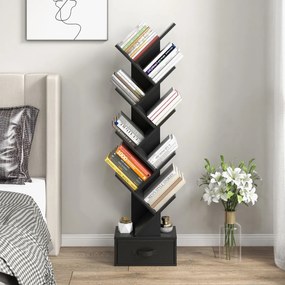 Estante em formato de árvore com 10 prateleiras e gaveta para livros, prateleira para exibição de livros e CDs 38 x 21,5 x 149,5 cm preta