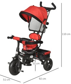 Triciclo para Crianças 2 em 1com capota ajustável acima de 18 Meses vermelho 92x51x110cm