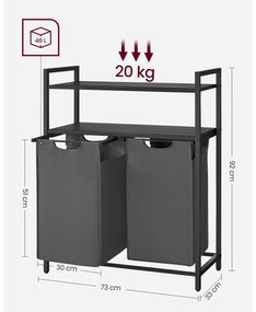 Cesto para roupa suja 2 x 46 L com 2 prateleiras preto-cinzento