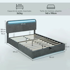 Cama com arrumação 140 x 190 cm com iluminação LED (COLCHÃO NÃO INCLUIDO), cabeceira ajustável, estrutura de cama de casal, base de ripas de madeira,