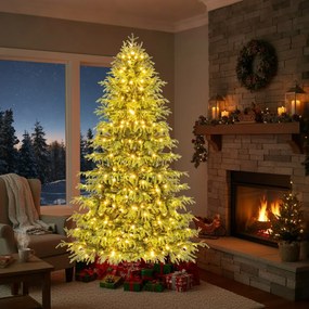 Árvore de Natal artificial de 210 cm pré-iluminada com 370 luzes LED brancas quentes 1090 ramos de PE e PVC e base metálica verde