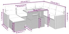 8 pcs conjunto sofás de jardim c/ almofadões vime PE cinzento