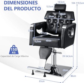 Cadeira de cabeleireiro com encosto e apoio para a cabeça ajustáveis, rotação de 360° para cabeleireiro e maquilhagem, 61 x 86 x 104-119,5 cm, preta
