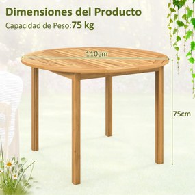 Mesa de jantar jardim redonda em madeira de acácia para 4 pessoas com orifício para guarda-sol para terraço 110 x 75 cm Natural