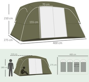 Tenda de Campismo Familiar para 4-8 Pessoas com 2 Quartos 2 Bolsos e Janelas com Malha Impermeável 400x275x210 cm Verde