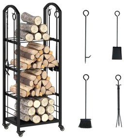 Estante para lenha 47 x 33 x 122 cm de 4 níveis com rodas e conjunto de 5 ferramentas. Inclui tenaz, atiçador, vassoura e pá para interior e exterior.
