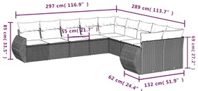 10 pcs conj. sofás jardim com almofadões vime PE cinzento-claro