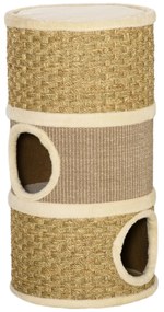 PawHut Arranhador em Forma de Cilindro para Gatos com 3 Níveis Plataforma e Caverna Confortável 37,5x37,5x70 cm Marrom Claro e Bege