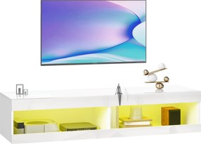 Móvel de TV Suspenso com Luzes LED com Controlo Remoto Compartimentos Orifício Passa-Cabos 140x40x30 cm Branco Brilhante