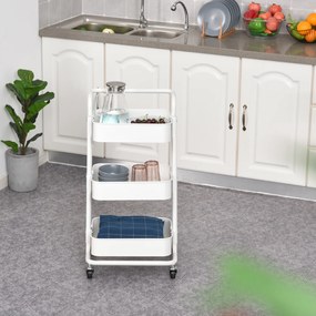 HOMCOM Carrinho Auxiliar de 3 Níveis com Rodas e 3 Prateleiras de Malha Metálica Carga de 20kg Branco 44x36x83cm