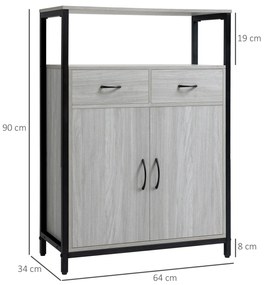 HOMCOM Armário de Sala de Estar com 2 Portas 2 Gavetas e Prateleira Ajustável Móvel Auxiliar de Armazenamento para Cozinha Sala de Jantar Dormitório Estilo Moderno 64x34x90cm Cinza