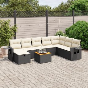 9 pcs conjunto de sofás p/ jardim c/ almofadões vime PE preto
