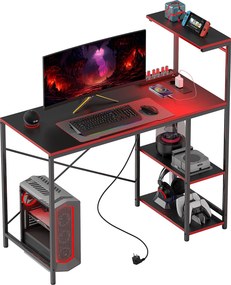 Secretária Gaming com Luzes LED 100x50 cm Secretária Gaming de Fibra de Carbono com Tomadas de Corrente e Controlo Remoto Preto