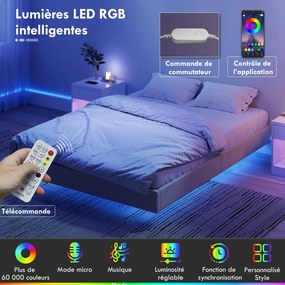 Estrutura de cama suspensa 140 x 190 cm com iluminação LED (COLCHÃO NÃO INCLUIDO), cama de casal estofada em linho, base de ripas de madeira, bege
