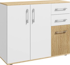 Aparador Sala de Estar Moderno com 2 Gavetas 2 Armários e Prateleiras Ajustáveis 90x30x75,5 cm Branco e Madeira
