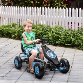 HOMCOM Kart a Pedais para Crianças 5-12 Anos Kart a Pedais Infantil com Assento Ajustável Pneus Insufláveis Amortecimento e Travão de Mão Carga Máx. 50kg 121x58x61cm Azul