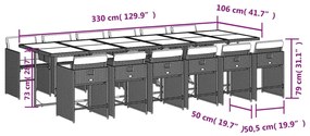 13 pcs conj. jantar jardim c/ almofadões vime PE cinzento-claro