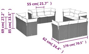 12 pcs conj. sofás jardim com almofadões vime PE cinzento-claro