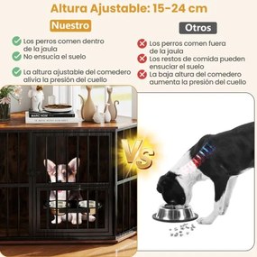Gaiola de canto para cães 114 x 60 x 68 cm com comedouro ajustável, 2 tigelas de aço inoxidável, porta com fechadura e pés ajustáveis, castanho