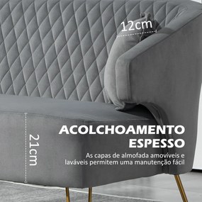 Sofá de 2 Lugares Estofado em Veludo Sofá Sala de Estar com 2 Almofadas e Pés de Aço Dourado Sofá Pequeno 124x69x76 cm Cinza