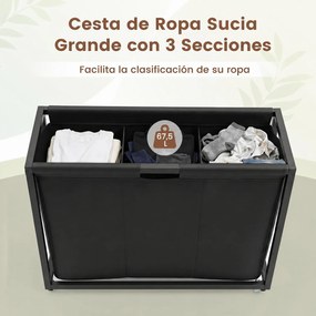 Cesto para Roupa Suja com Rodas, 80 x 32 x 77 cm, Três Compartimentos, Castanho