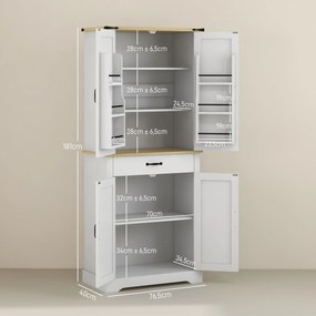 Armário de cozinha tipo aparador, 4 portas, 6 prateleiras com porta, 1 gaveta e prateleiras ajustáveis, 76,5 x 40 x 181 cm, branco