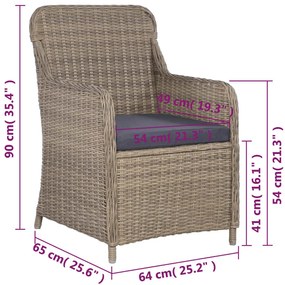 Conjunto bistrô com almofadões 3 pcs vime PE castanho