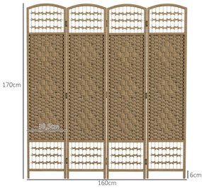 Biombo de 4 Painéis Dobrável Separador de Ambientes de Corda de Papel e Estrutura de Madeira 60x170 cm Natural