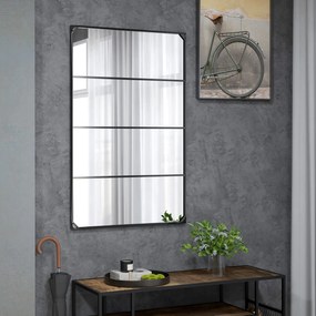 Espelho de parede retangular em vidro estilo industrial, na orientação horizontal ou vertical, com 4 ganchos, em metal preto, 109 x 69 cm