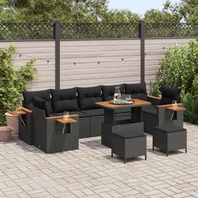 Conjunto de Sofá de Jardim vidaXL de 10 Peças com Almofadas em Vime Polirratã Preto e Madeira de Acácia