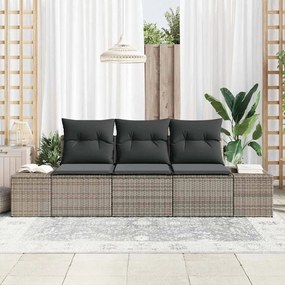 Conjunto de Sofá para Jardim com 3 Peças e Almofadas Cinzas em Rattan