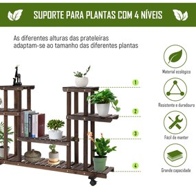 Suporte para Plantas de 4 Níveis com Rodas Suporte para Vasos de Plantas 123,5x33x80 cm Castanho Escuro