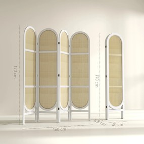 Biombo de interior em madeira com 4 painéis, 170 x 160 cm, dobrável e portátil, com padrão tecido à mão, branco