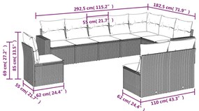 10 pcs conjunto sofás de jardim c/ almofadões vime PE cinzento