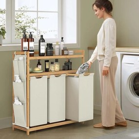 Cesto da roupa suja com vários compartimentos e prateleiras práticas 94 x 33 x 98 cm Creme